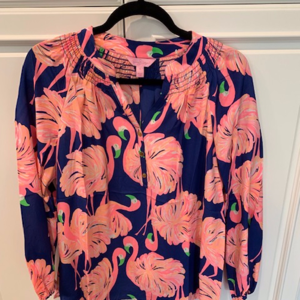 Lilly Pulitzer flamingo print Elsa silk top